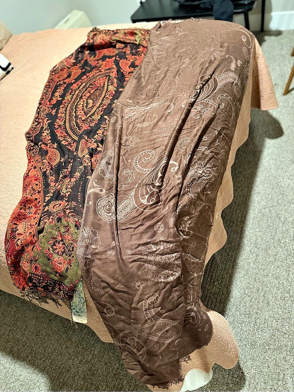 TWO Pashmina and Cashmere Paisley Scarves - Brown & Red